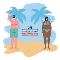 Social distancing between boy and girl with medical masks at the beach vector design