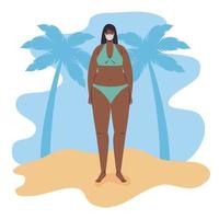 Girl cartoon with bikini and medical mask at beach vector design