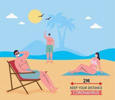 Social distancing between boys and girl with medical masks at the beach vector design