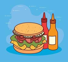 delicious sandwich with bottled sauces vector