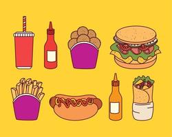 set of delicious fast food in yellow background vector