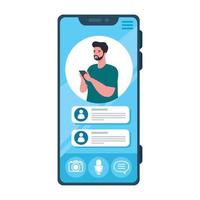 online chat messages, young man in screen of smartphone, chat digital communication online vector