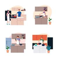 establecer escenas personas cocinando en la cocina vector