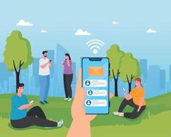 young people using smartphones outdoor, social media and communication technology concept vector