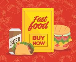poster of fast food, buy now with sandwich and taco mexican food vector