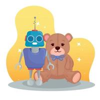 kids toys, teddy bear and robot vector