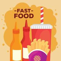 cartel de comida rápida, papas fritas con salsas y bebida de botella vector