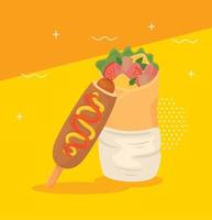 fast food, delicious burrito with corn dog vector