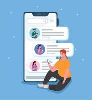woman chatting in smartphone with friends, chat digital communication online vector