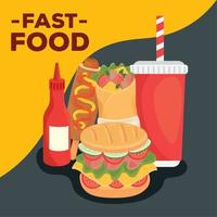 fast food poster, sandwich and set of fast food vector