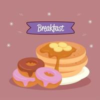 cartel de desayuno, panqueques con donuts vector