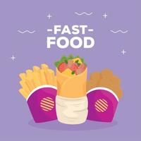 fast food poster, burrito with potatoes french fries and fried chicken vector