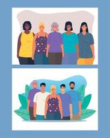 set of scenes of multiethnic people together, cultural and diversity concept vector