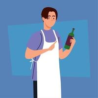 hombre cocinando con delantal, con botella de vino vector