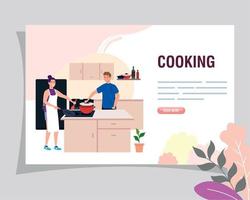 banner of couple cooking in the kitchen scene vector