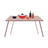 wooden table with kitchen icons and bottles, in white background vector