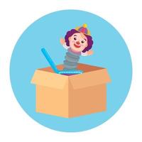 clown toy on box carton, in round frame vector