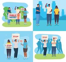 set scenes of people on protests with placards, human right concept vector