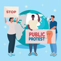 group people with protests placards, and world on background, human right concept vector
