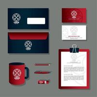 identidad corporativa de maqueta de marca, suministros de papelería de maqueta, color rojo con letrero blanco vector