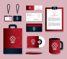 suministros de papelería de maqueta de color rojo con letrero blanco, identidad corporativa de maqueta de marca