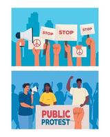 set of scenes people on protests with placards, human right concept vector