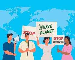 grupo de personas con pancartas de protesta y planeta mundial en segundo plano, concepto de derechos humanos vector