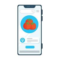 compras en línea de verduras de tomates, a través de una aplicación en un teléfono inteligente vector