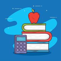 pile books with calculator and apple fruit vector