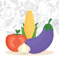 fresh vegetables, eggplant, garlic, tomato and cob corn vector