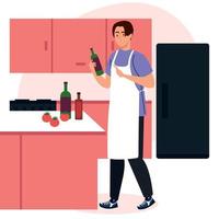 hombre cocinando con delantal, en la escena de la cocina vector