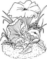 champiñones garabatos. Se diferencian los hongos crecen en el tocón y alrededor de las flores silvestres. colorante vectorial. vector