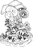 Doodle mushrooms. Difers mushrooms grow on the stump and around to wild flowers. Vector coloring.