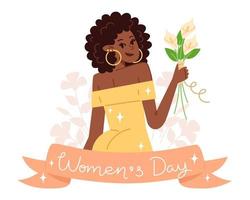 Women's day greeting card with young african woman in a flat style vector