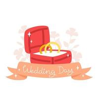 caja roja con anillos de pareja para el día de la boda en estilo plano vector