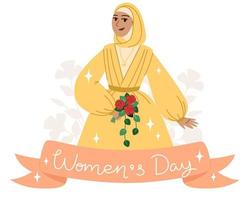 tarjeta de felicitación del día de la mujer con mujer joven en hijab en un estilo plano vector
