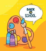 back to school banner, palette with brush and paint tubes vector