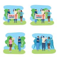 set scenes people in protests with placards, human right concept vector