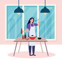 woman cooking using apron, on table in the house vector