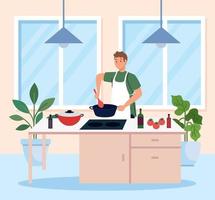 man cooking using apron, in the kitchen scene vector