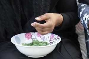 Woman hand cutting herbs like tea Betel photo