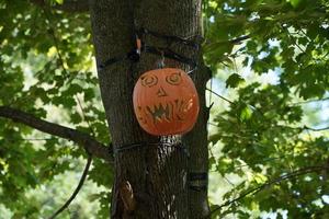 calabaza de halloween tallada colgando de un árbol foto