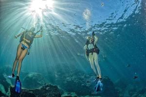 beautiful girls looking at you while swimming underwater photo