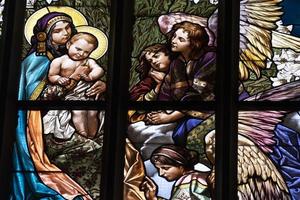 KUTNA HORA, CZECH REPUBLIC - JULY 14  2019 - Interior of dome saint barbara church window glass mucha liberty style photo