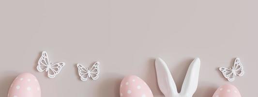 Beige background with Easter eggs, rabbit ears, butterflies and copy space. Easter backdrop. Empty space for text, advertising. Postcard, greeting card design. Pascha, Happy Easter Day. 3D render. photo