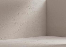 Empty scene with beautiful light and rough texture. Beige background. Template for product, cosmetic presentation. Natural mock up. Backdrop with empty, copy space. Display, showcase. 3D rendering. photo
