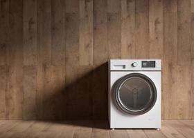 Washing machine standing in empty room. Copy space for text or other objects. Household electrical equipment. Modern home appliance used to wash laundry. Front-loader clothes washer. 3d rendering. photo