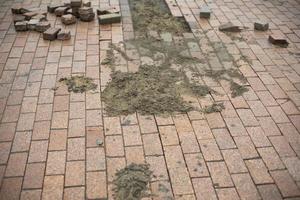 Laying tiles. Paving stones on square. photo