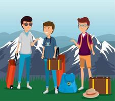 men tourist with suitcase and baggage to journey vector