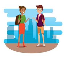 woman and man tourist with backpack to travel vector